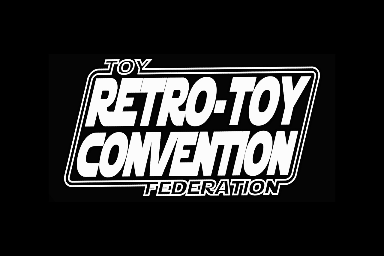 lack and white logo for the "Retro-Toy Convention Federation." The text "RETRO-TOY CONVENTION" is large and stylized in a bold, futuristic font, outlined in white, and set against a black background. Smaller text above reads "TOY" and smaller text below reads "FEDERATION." The overall style resembles classic 1980s sci-fi movie logos, like Star Wars.