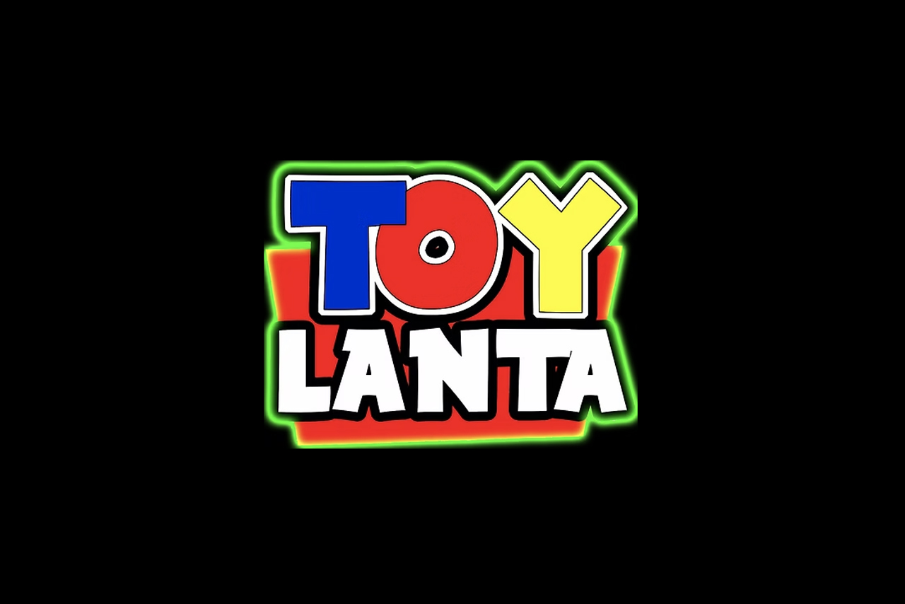 The Toylanta logo, featuring the word "TOY" in oversized, primary-colored block letters (blue 'T', red 'O', yellow 'Y') and "LANTA" in white block letters below, all outlined in bright neon green.