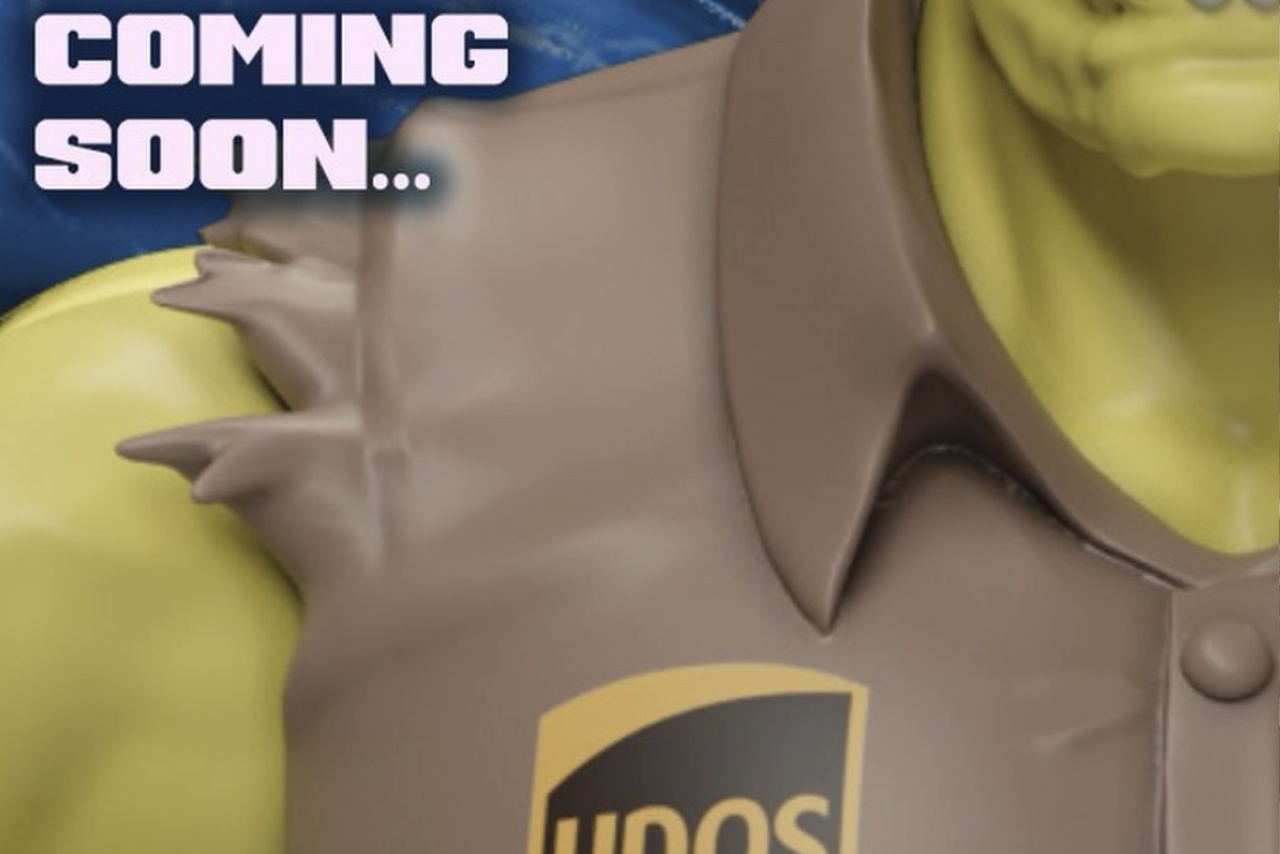 A close-up teaser image of a new yellow-skinned monster action figure wearing a tattered brown delivery uniform with a "UPOS" logo, featuring the text "COMING SOON..." for the World of Flip-Or Champions of Nefarity wave.
