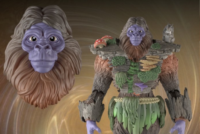 Close-up and full view of the Cryptoids Toys Young Bigfoot alternate head sculpt featuring inquisitive eyes and purple facial skin alongside the Series One Bigfoot action figure.