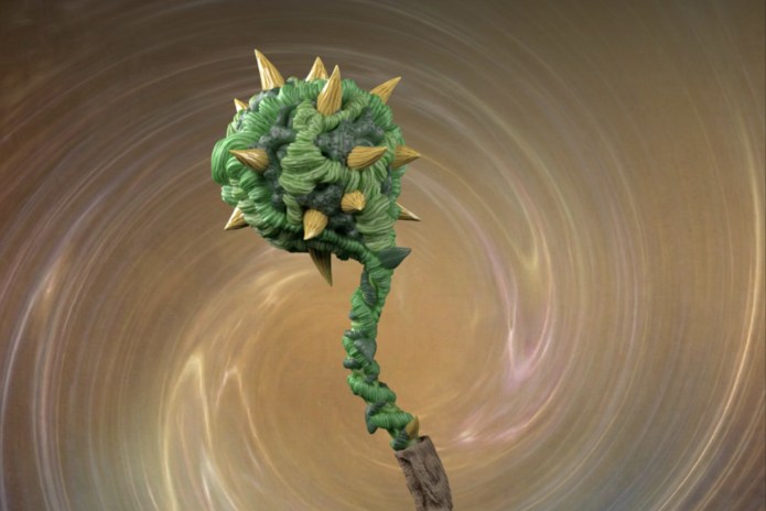 A close-up 3D render of the Bigfoot's Forest Flail accessory from Cryptoids Toys, featuring a spiked green vine-wrapped mace head with gold-colored thorns and a wood-textured handle.