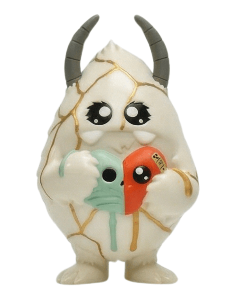 White Kintsugi variant of the Yerman soft vinyl figure featuring metallic gold metallic fractures across its body.