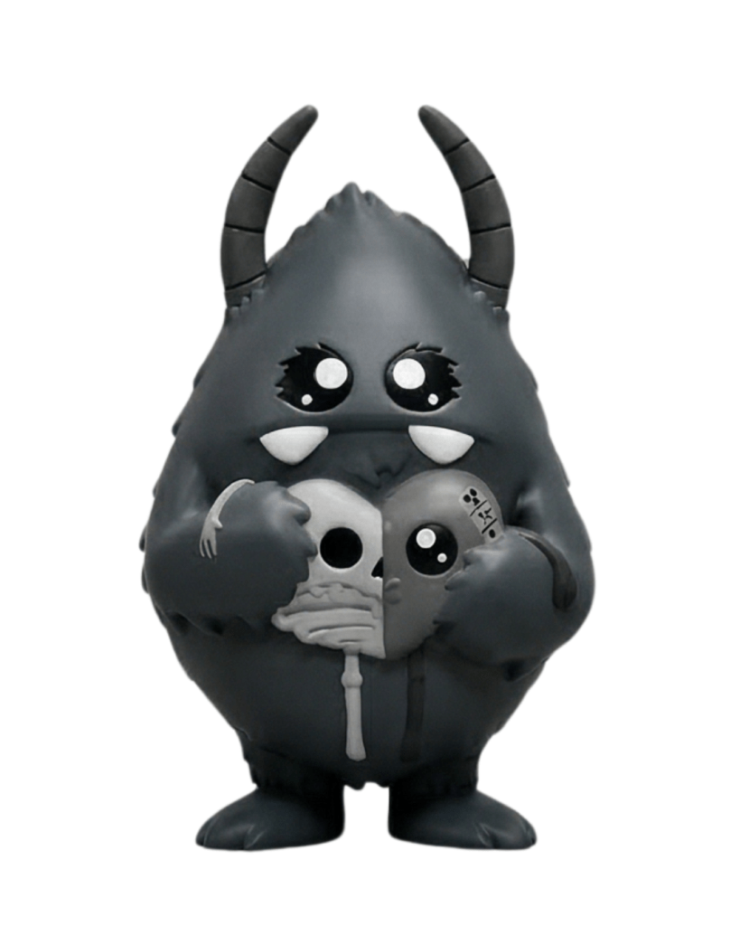 Dark grey monochrome variant of the Yerman soft vinyl figure holding a greyscale Skele-Heart.